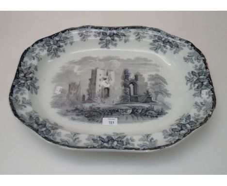 A Victorian Copeland late Spode meat platter, transfer decorated with abbey ruins within a broad band of oak leaves and acorn