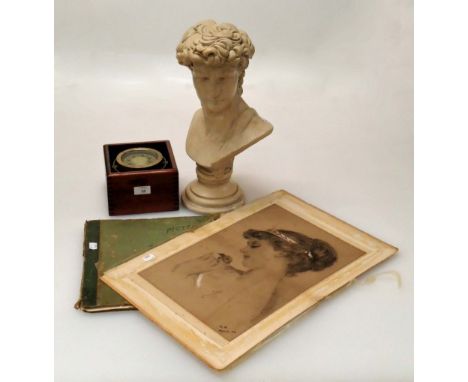 A composite bust of a classical male, a gimbal mounted compass, a volume of Punch cartoons, and a pencil profile drawing of a