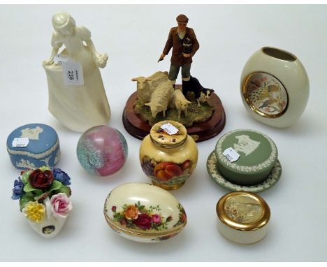 A box of decorative ceramics and other items, including an Aynsley Orchard Gold lidded jar, a Doulton Images figure, Caithnes