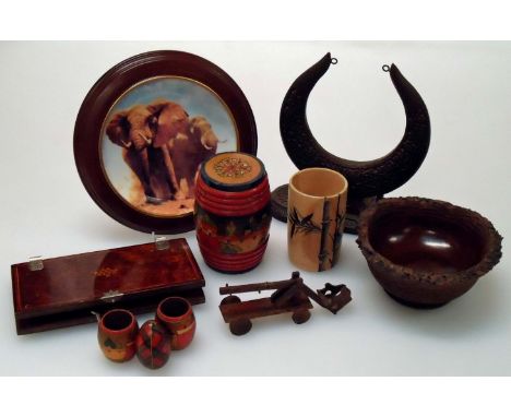 Two boxes of wooden items, to include bamboo decorated mugs, fruit bowl, tie press, Chinese hardwood stand, gong surround, ma