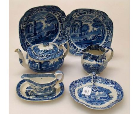 A box of 19th century and later blue and white transfer decorated ceramics, including Spode Italian, etc