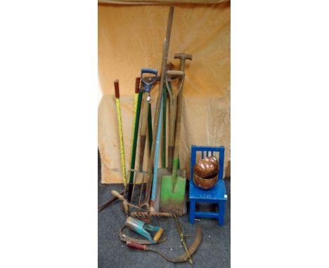 A collection of vintage gardening tools, child's chair and scales