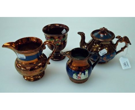 Nine pieces of Victorian copper lustre wares, including two goblets with relief floral bands, teapot and other items
