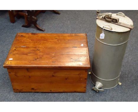 A 19th century varnished pine twin handled trunk, and a vintage metal honey skimmer