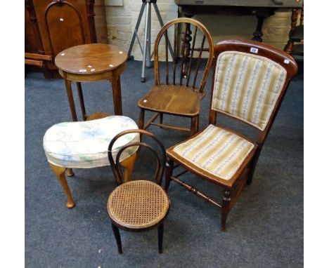 A child's ebonised bentwood chair, with cane seat, an elm seated stick back chair, a mahogany wine table, a beech bedroom cha