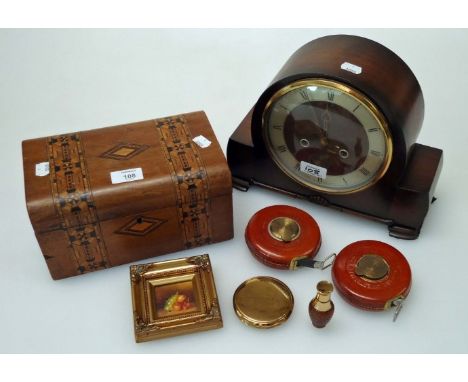 A Victorian walnut jewellery box, two Rabone Chesterman tape measures, a Smith's mantel clock and other items