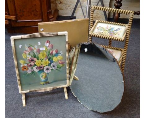 A 1950s three tier folding cake stand and matching firescreen, another firescreen and a 1930s circular frameless wall mirror