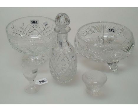 A boxed crystal fruit bowl and other glass including a facet neck decanter, six sherry glasses etched with snowdrops etc