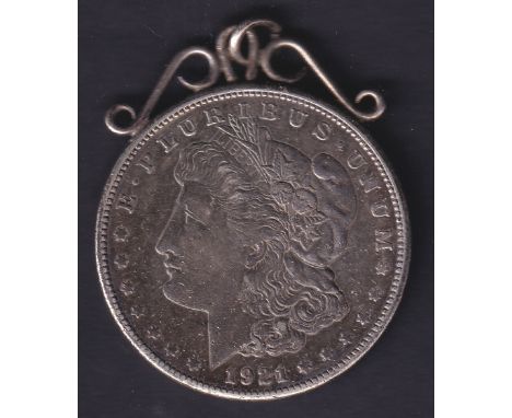 1921 USA Morgan Dollar connected to a necklace mount, 28.15g San Francisco mint