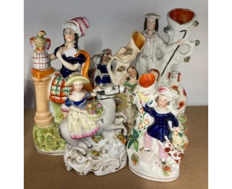 Pottery : Small accumulation of six classic Staffordshire porcelain figures, slight damage to a few of the models