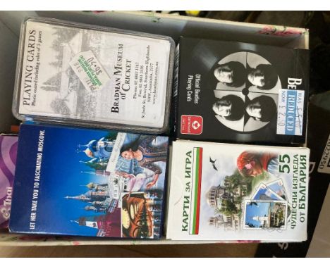 Three boxes of playing card sets, looks to be 100's of sets, including Beatles ! Being sold on behalf of the League of Friend