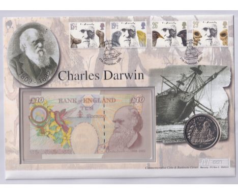 Coins : 2000 Charles Darwin £10 banknote cover with 1 Crown commemorative coin