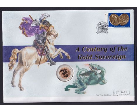 Coins  : 1999 Australia Centenary of the Gold Sovereign cover with special Gold Sovereign with silver surround $100 coin, sca