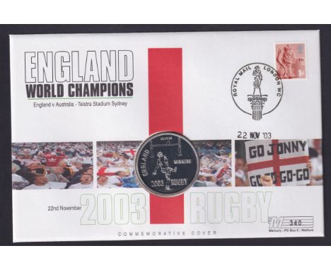Coins : 2003 Rugby World Cup coin cover with 1oz Silver commemorative coin
