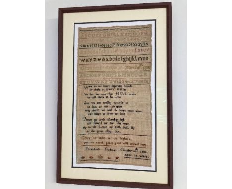 1801 framed Sampler, produced by Elizabeth Redman aged 12, dated October 16th 1801
