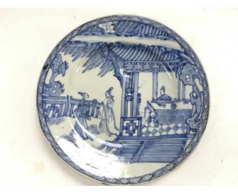 A Chinese blue and white plate 'Romance Of The Western Chamber', approx diameter 25cm.