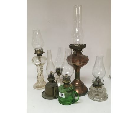 A copper oil lamp and other glass oil lamps (a lot) - NO RESERVE
