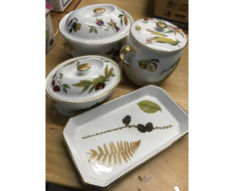 Four Royal Worcester serving dishes decorated with fruit, vegetables and seeds