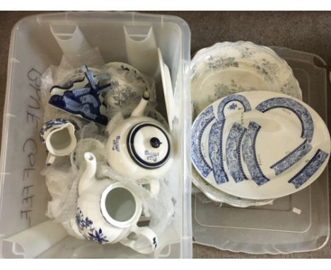 A box if blue and white china items including an interesting transfer print sample plate, a Blue Lily tea service and other i