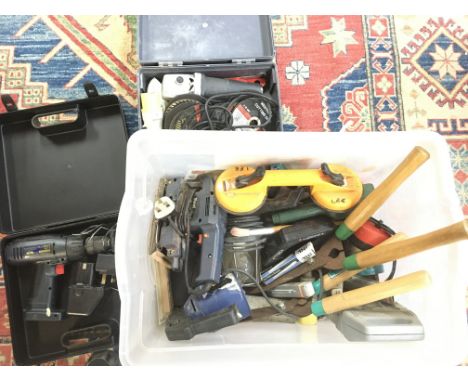 A Box Containing Various Tools. A Battery Drill and a 16amp Grinder.