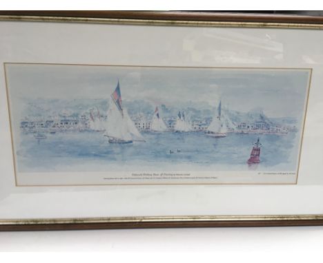 A signed limited edition print by Malcolm Cockell titled 'Falmouth Working Boats Off Flushing', approx 69cm x 39cm.