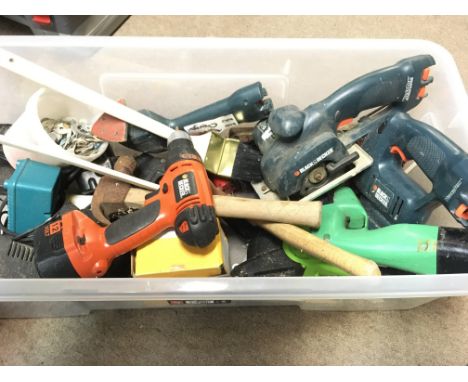 A Box Containing a Collection of Power Tools including a Jigsaw. Drills. chargers etc.