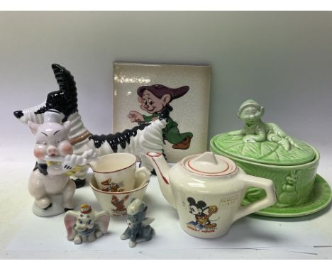 A selection of Disney related ceramics etcâ€¦ to include a Wadeheath Mickey Mouse Teapot, milk and sugar, Dopey ceramic tile,