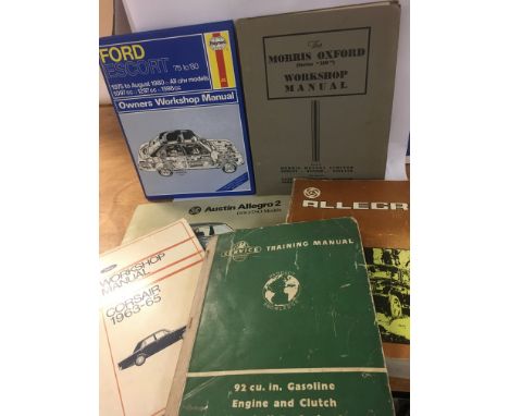 A collection of vintage car workshop manuals for the Morris Oxford Series 10, Vauxhall F Series, Ford Corsair, Leyland Allegr