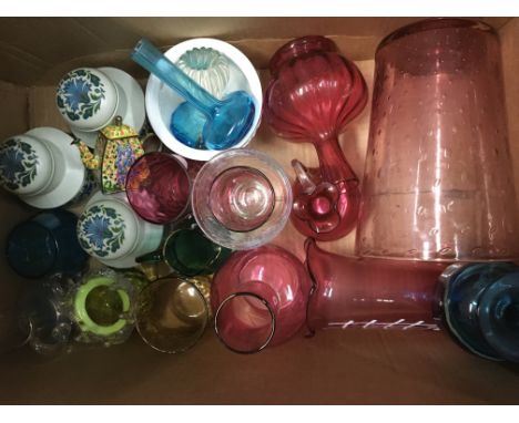 Two boxes containing Victorian cranberry glass and other later coloured glass ceramic and a small enamel tea pot a collective
