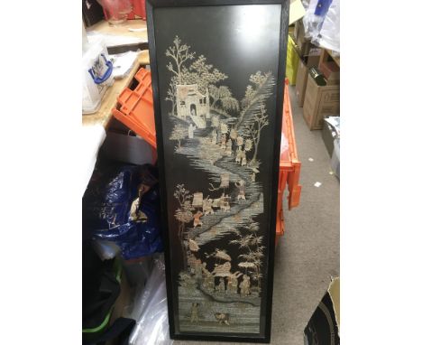 A framed and glazed early 20th Century Chinese silk embroidered tapestry, approx 36cm x 109cm.