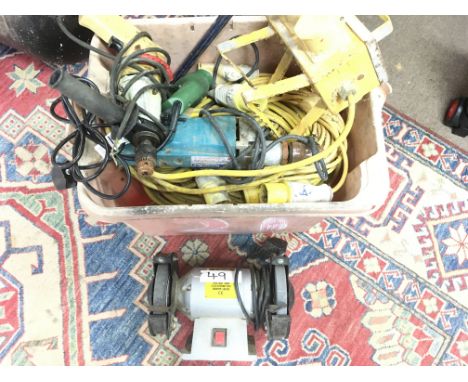 A Box Containing 16 amp Extension Leads. Power Drills and a Work Bench Grinder.