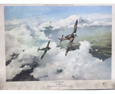 A Robert Taylor print 'Duel Of Eagles' signed by Douglas Bader and Adolf Galland, approx 53cm x 40cm.
