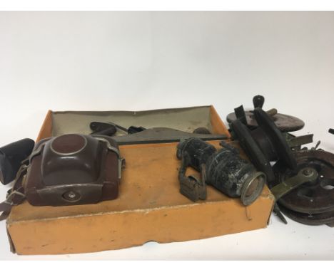 A collection of items including a Vintage Zeiss Ikon Camera an old bicycle lamp a boxed Stanley 5 steel wood plain and vintag