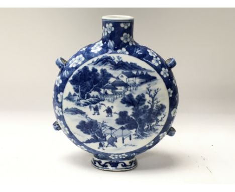 A Chinese blue and white glazed pottery moon flask, 6 character mask to base.