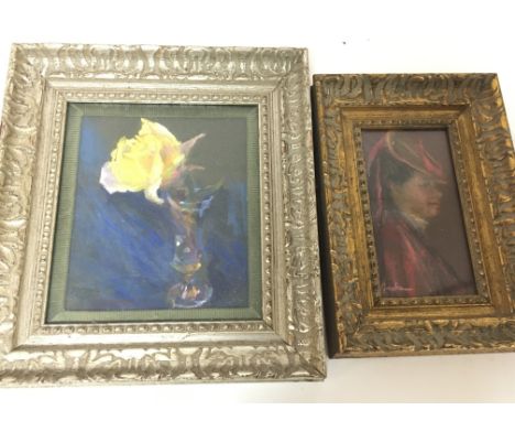 Two framed small pastels a study of a yellow rose and a side profile portrait of a lady both by Josephine Graham Circa 1930. 
