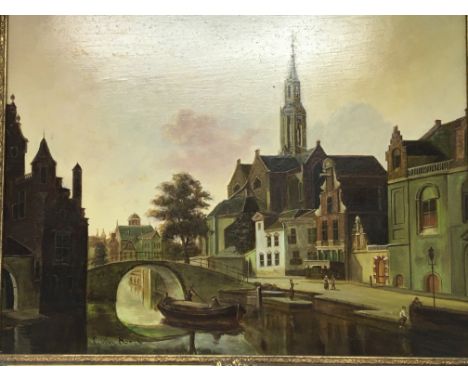 A gilt framed 20th century continental oil painting on board depicting a canal Town scene possible Dutch signed R. van Bungh