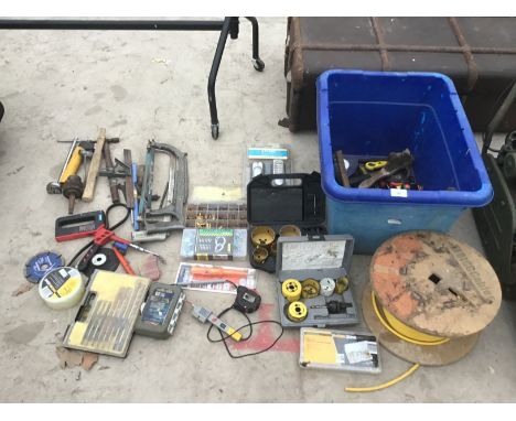 VARIOUS TOOLS TO INCLUDE DRILL BITS, CABLE, HOSE CLIPS, SAWS, TAPE ETC 