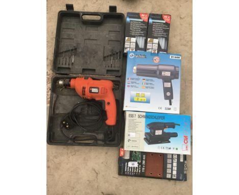 A CASED BLACK AND DECKER DRILL, A SCHWINGSCHLEIFER SANDER, HOT AIR GUN, ETC 