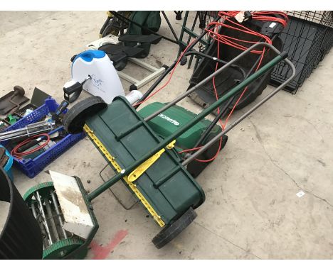 VARIOUS GARDEN TOOLS TO INCLUDE A LAWNRAKER 32, AN EVERGREEN FERTILIZER SPREADER AND TWO LAWN AERATORS IN WORKING ORDER 