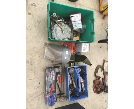 VARIOUS TOOLS TO INCLUDE A SCISSOR JACK, OIL CAN, FACE GUARD, CLAMPS ETC 