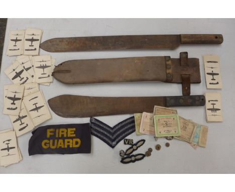 A MACHETTE AND LEATHER SCABBARD, FURTHER MACHETTE, AIRCRAFT RECOGNITION CARDS, FIRE GUARD ARM BAND ETC 