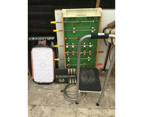 A TABLE FOOTBALL, AIR HOCKEY TABLE, BACKGAMMON SET AND A STEP 