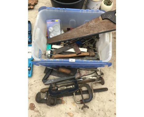 VARIOUS TOOLS TO INCLUDE G CLAMPS, SAWS, AXE, MOLEGRIPS, WRENCHES ETC 