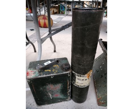 A BRITISH ARMY 105MM TRANSIT CASE AND PETROL CAN (2) 