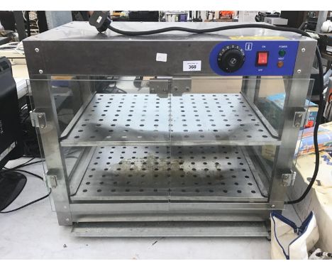 A STAINLESS STEEL TWO SHELF PIE WARMER IN WORKING ORDER 