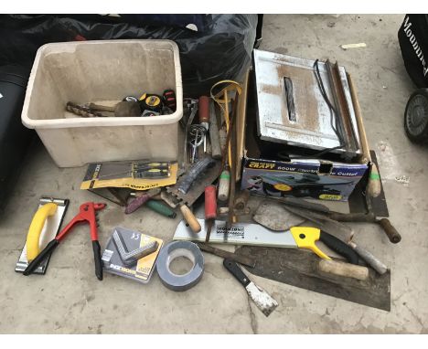 VAROUS TOOLS TO INCLUDE A TILE CUTTER, TILING TOOLS, ETC IN WORKING ORDER 