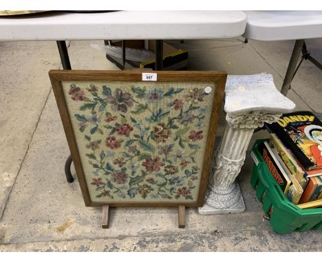 A WOODEN FRAMED TAPESTRY TOGETHER WITH PILLAR 