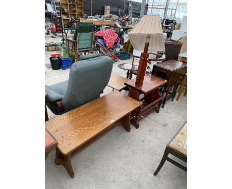 THREE ITEMS - AN OAK COFFEE TABLE, PINE LAMP TABLE AND A SMALL OAK DROP LEAF TABLE 