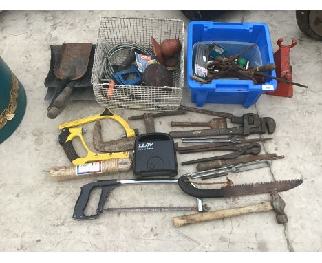 VARIOUS TOOLS TO INCLUDE SAWS, HAMMER, SHOVELS, WRENCH ETC 