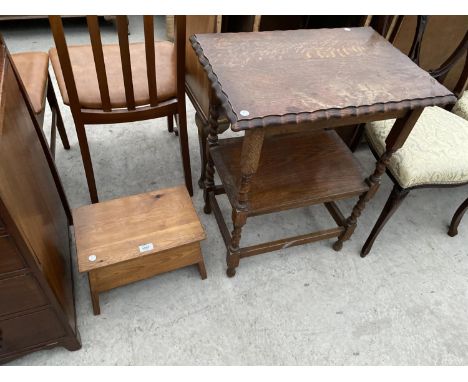 A SMALL PINE SEWING BOX AND AN OAK SIDE TABLE ON BARLEY TWIST SUPPORTS WITH PIE CRUST EDGE AND LOWER SHELF 